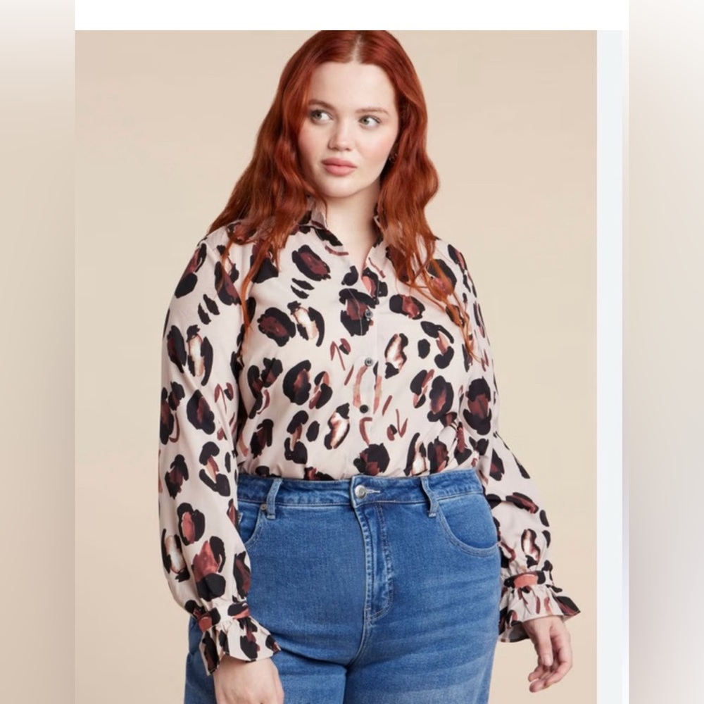 Eloquii Cream and Black Leopard Print Blouse
